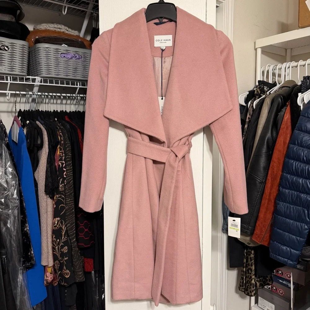 NWT Cole Haan Signature Slick Wool Blend Wrap Coat in Blush Pink Size 4 - Picture 2 of 7